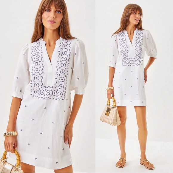 Lilly Pulitzer Dresses & Skirts - Lilly Pulitzer • Mialeigh Linen Dress in Water Hyacinth white folk embroidery